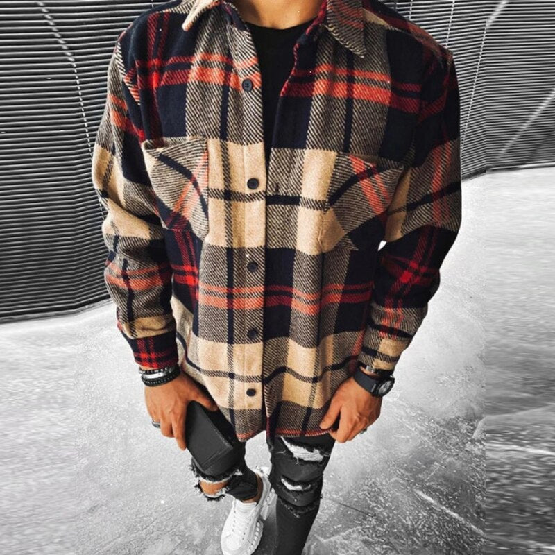 flowersverse Business Casual Plaid Print Wool Shirt Jacket Men  Spring Single Breasted Lapel Top Autumn Pocket Patchwork T-shirt Cardigan