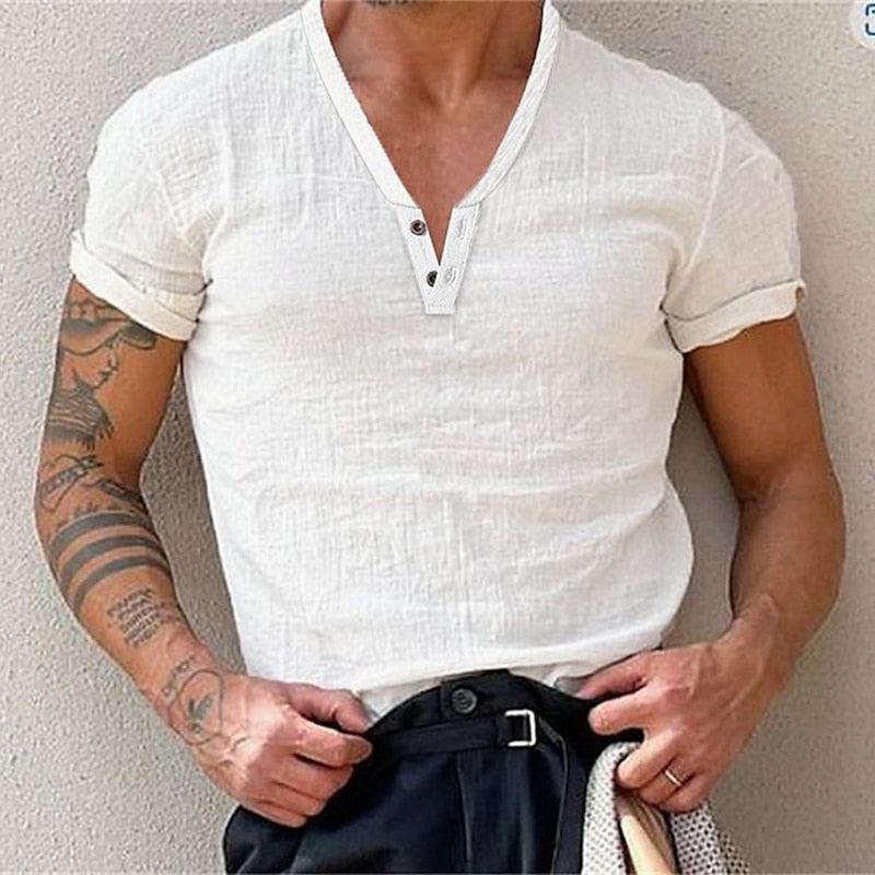 flowersverse Cotton Casual t Shirts Mens Clothing Solid Short Sleeve Polos Shirts Summer Fashion Man Streetwear Button V-neck Tee Tops
