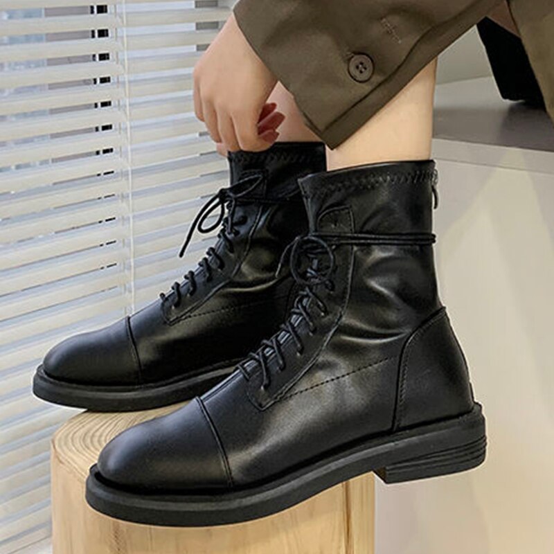 Christmas Gift Fashion Women Ankle Boots Lace Up Booties Woman Winter Flats Shoes Zip Solid Square Toe Ladies Short Boots Female Shoes