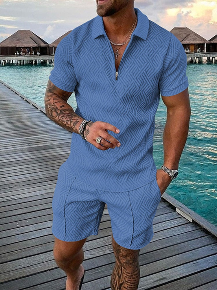 flowersverse Men's Polo Suit Fashion Men Sets Mens Solid Color Summer V-neck Zipper Short Sleeve POLO Shirt+Shorts Two Pieces Men Casual Suit
