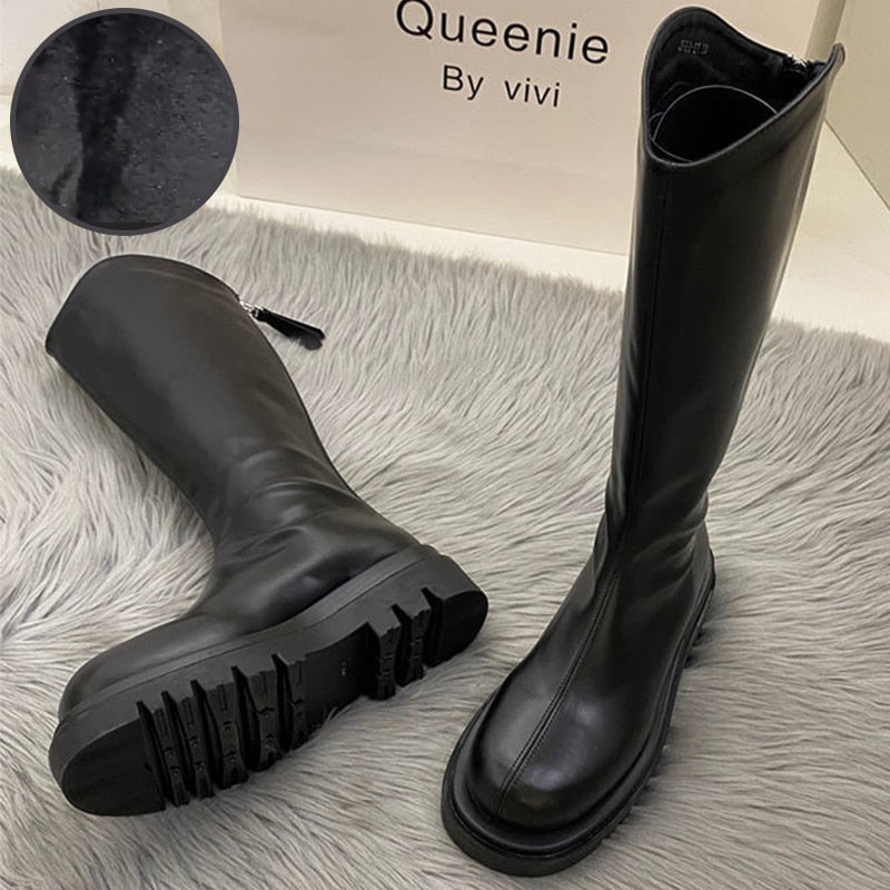 flowersverse Women Boots Fashion Casual Non Slip Zipper Knee Boots Woman Comfortable Round Boots Ladies Platform PU Winter Boot Female