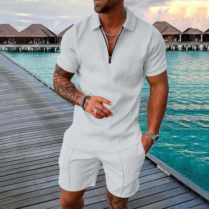 flowersverse Men's Polo Suit Fashion Men Sets Mens Solid Color Summer V-neck Zipper Short Sleeve POLO Shirt+Shorts Two Pieces Men Casual Suit