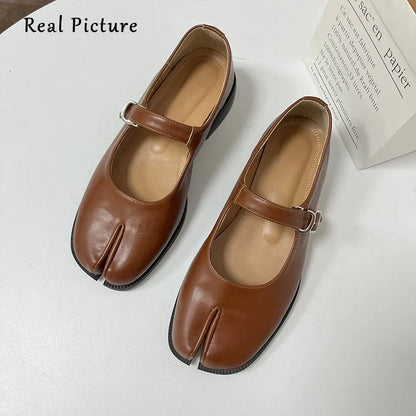 Flats Spilt Toe Shoes Black Leather Loafer Brown Size 40 Fashion Buckle Mary Janes Flat Ninja Shoe Women