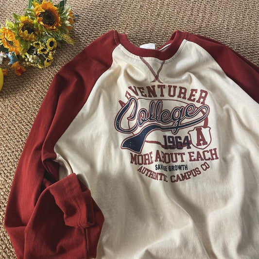 flowersverse Vintage Oversized T-shirt for Men Contrast Color Raglan Long Sleeve Letter Print T Shirt Hip-hop American Retro Unisex Tops Tees