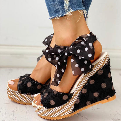 Christmas Gift Women Sandals Dot Bowknot Design Platform Wedge Female Casual High Increas Shoes Ladies Fashion Ankle Strap Open Toe Sandals