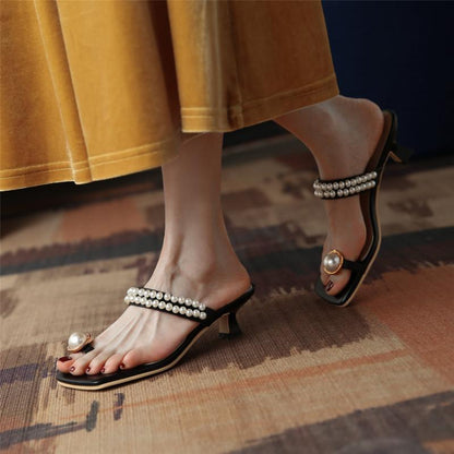 Amozae New Summer Women Sandals Pearl Beads Square Toe Stiletto Heel Females Slippers Fashion High Quality Simplicity Breathable mules