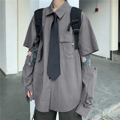 flowersverse Gray Shirts Women Harajuku Detachable Sleeve Oversized Bf Gothic Blouse with Tie Vintage Streetwear Punk Autumn Shirt