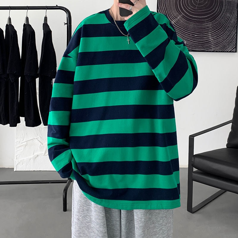 flowersverse Harajuku Striped T shirts For Men Oversized Tees Man Casual Long Sleeve Tshirt Woman Loose Pullovers Tops 5XL