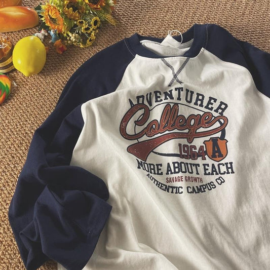 flowersverse Vintage Oversized T-shirt for Men Contrast Color Raglan Long Sleeve Letter Print T Shirt Hip-hop American Retro Unisex Tops Tees