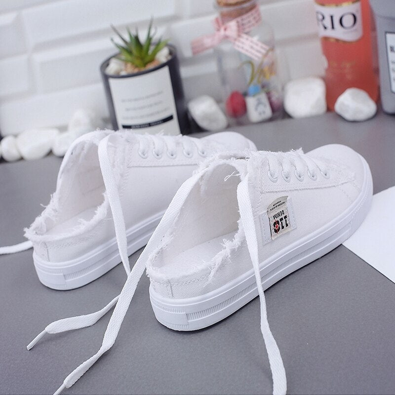 flowersverse Summer Women Loafers Girl's Canvas Shoes Slip-On Half Slippers Breathable Women's Shoes Canvas Sneakers Fashion Flats Shoes