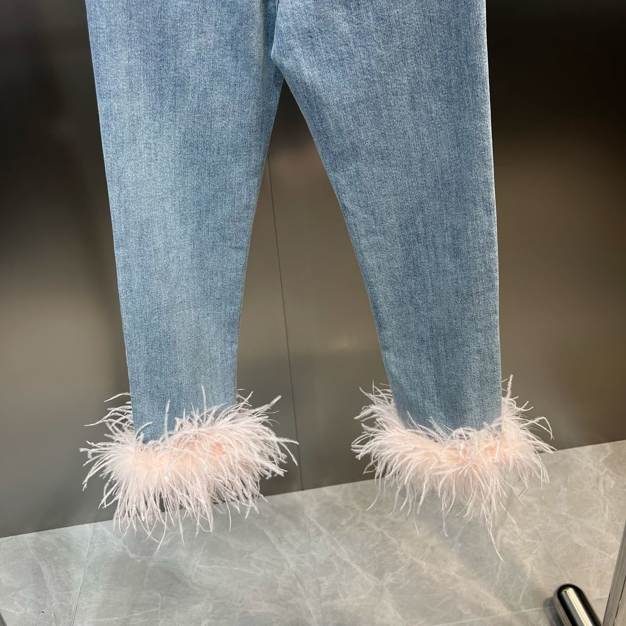Autumn Sleeveless Feathers Camisole Crop Top Blue Denim Pants Long Jeans Two Piece Set Women GF920