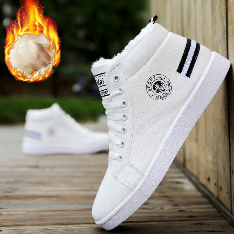 Amozae Men's Winter Plush Shoes Boys Comfort Sneakers White Leather Shoes Men High Top Sneakers 2023 Trendy Style Vulcan Boys Shoes