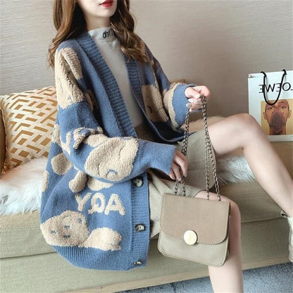 flowersverse Loose Sweater Oversize Woman Christmas Sweater Coat Korean Fashion Sweet Cardigans For Women  Thick Winter Clothes Knitted