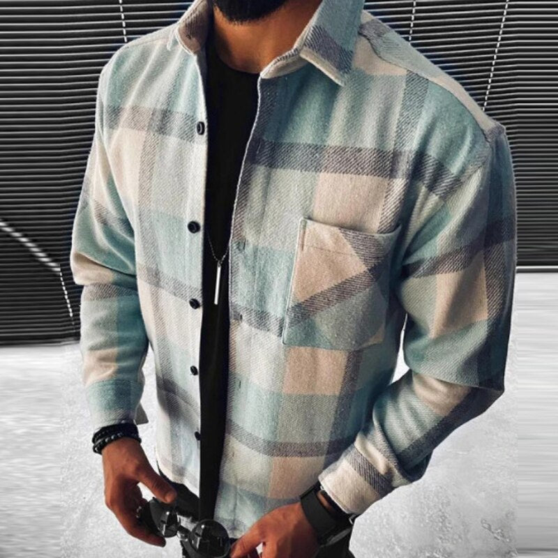 flowersverse Business Casual Plaid Print Wool Shirt Jacket Men  Spring Single Breasted Lapel Top Autumn Pocket Patchwork T-shirt Cardigan