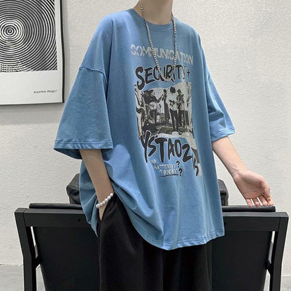 flowersverse Summer Men's Clothing Short Sleeve Loose Trend Fashion Printed Round Neck Casual Hong Kong Breeze Handsome Simplicity T-shirt