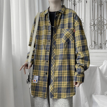 flowersverse Harajuku Plaid Shirt Men Hip Hop Flannel Checked Over Size Shirt High Quality Spring New Oversize Streetwear Green Retro Blouses