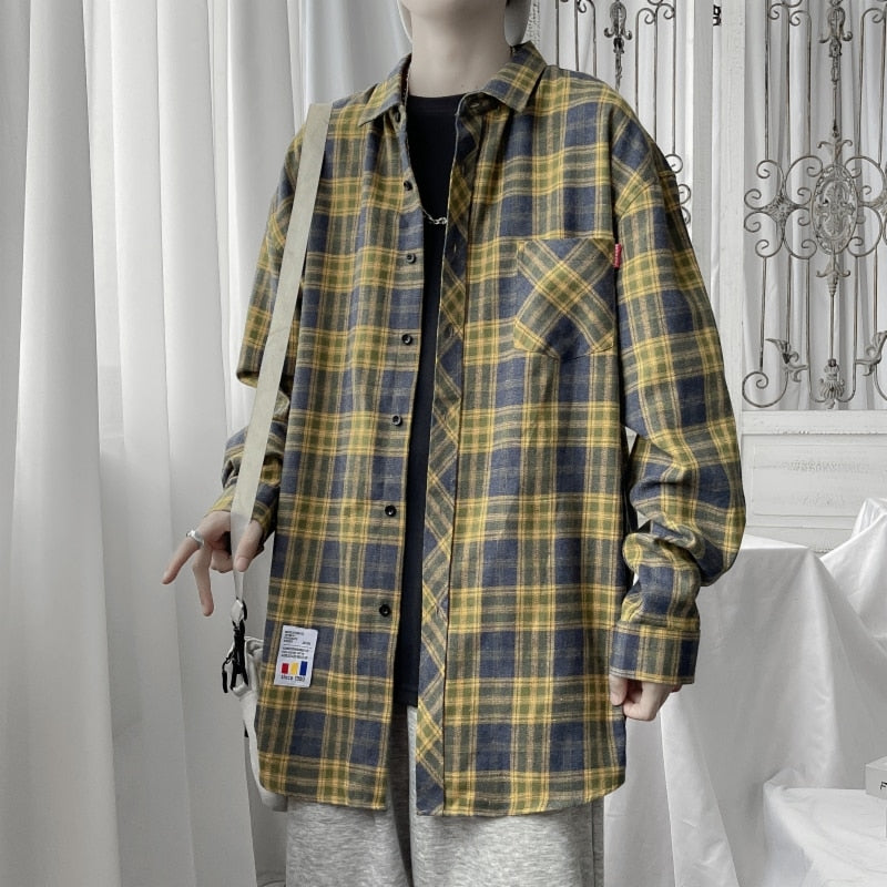 flowersverse Harajuku Plaid Shirt Men Hip Hop Flannel Checked Over Size Shirt High Quality Spring New Oversize Streetwear Green Retro Blouses