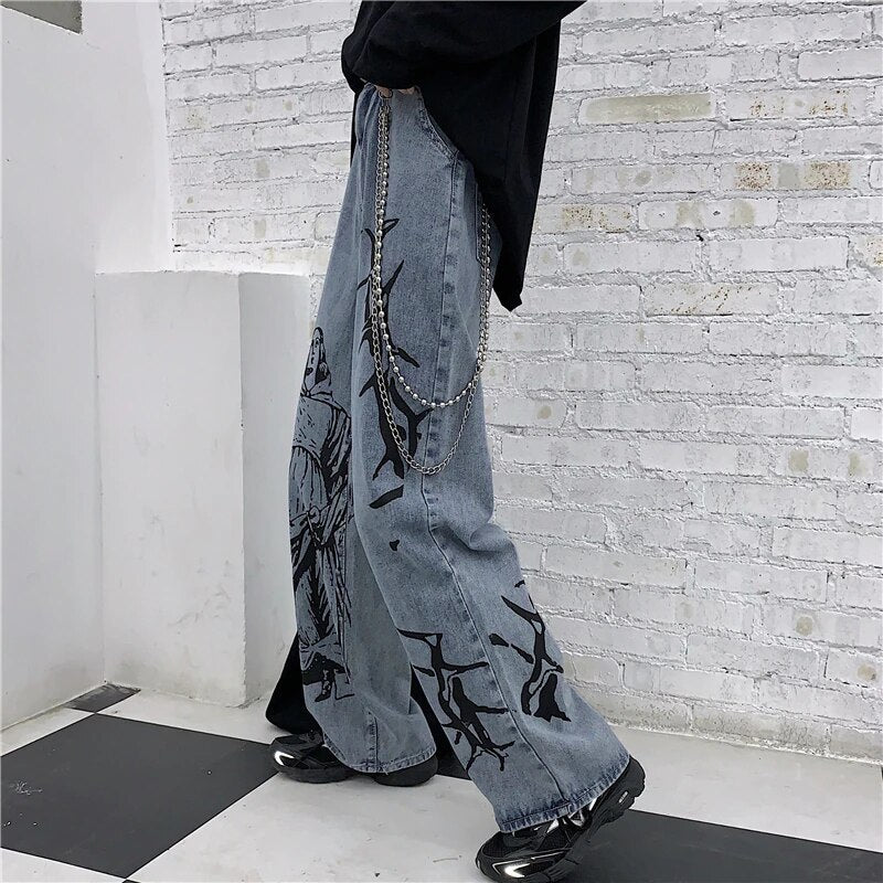 Summer Ins Fashion Street Hip-hop Printing Wash Jeans Loose Casual Denim Wide Leg Pants Tide Woman