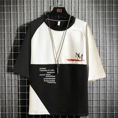 flowersverse  -  Fashion Loose Spliced Printed Letter Asymmetrical T-Shirt Men's Clothing Summer New Casual Pullovers All-match Tee Shirt