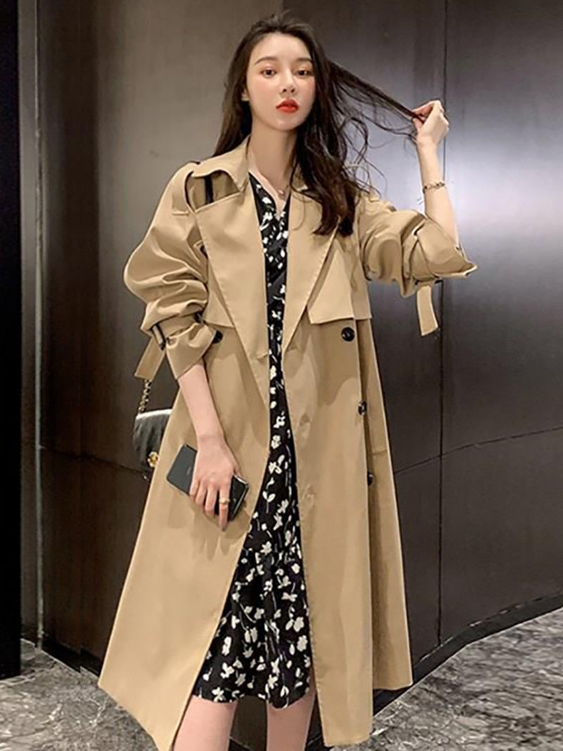 flowersverse Turn Down Collar V Neck Double Breasted Trench Coat Women Winter Clothes Women with Belt Korean Style Casual Slim Windbreaker