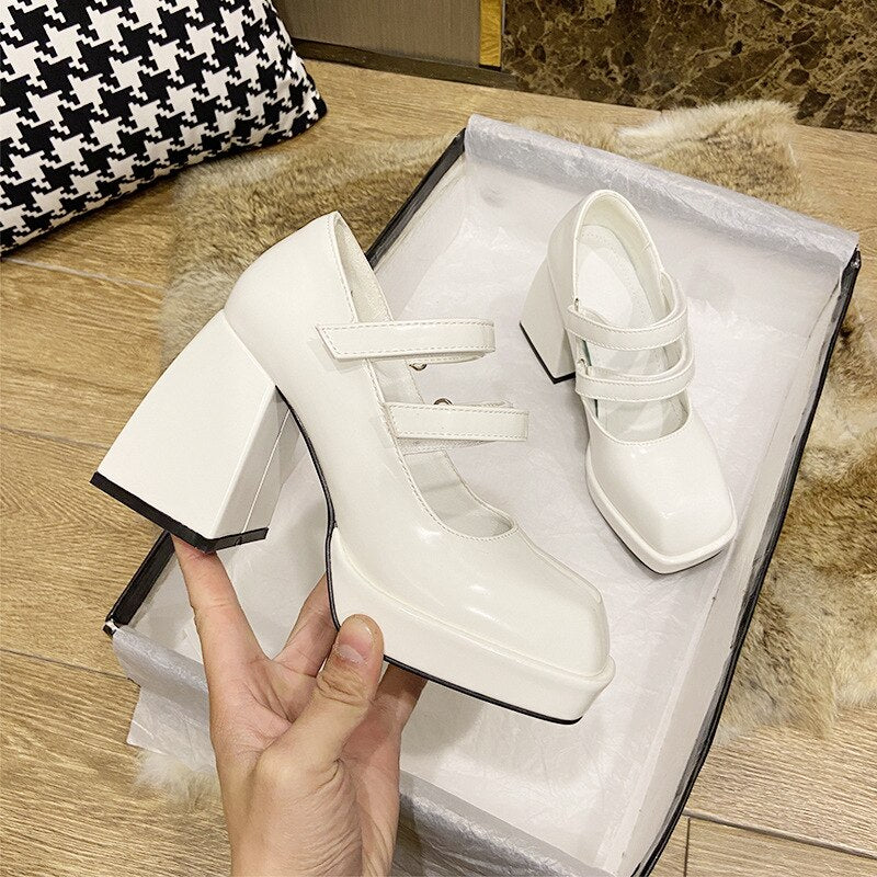 Amozae  Women's Pumps 2022 Ladies Square Toe Buckle Strappy Block Heel Platform Goth Elegant Summer Dress Party Footwear Tacones Mujer