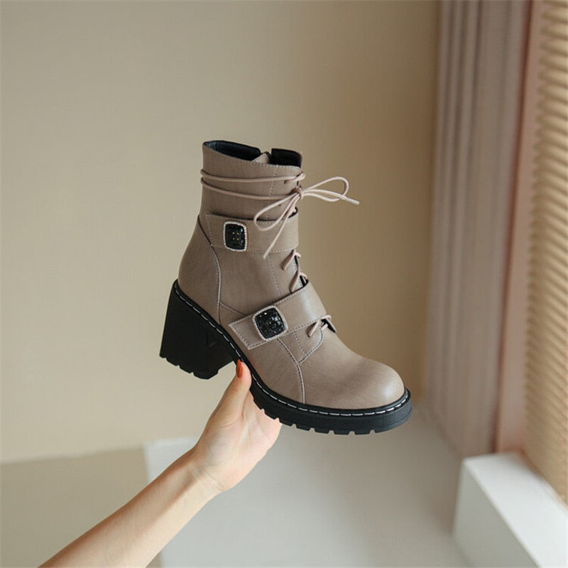 flowersverse  Autumn Winter Round Toe Women Boots Chunky Heel Shoes For Women Short Boots Belt Buckle Side Zipper High Heels Knight Boots