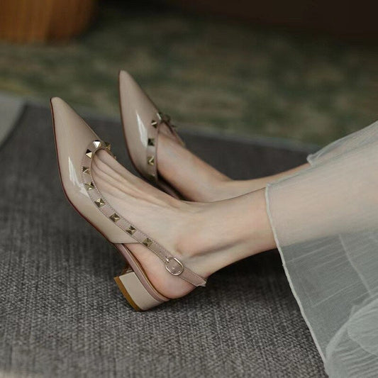 flowersverse New Summer Women Sandals Rivet Pointed Toe Chunky Heel Low Heel Flat Females Pumps Fashion High Quality Elegant Noble Lady Shoe