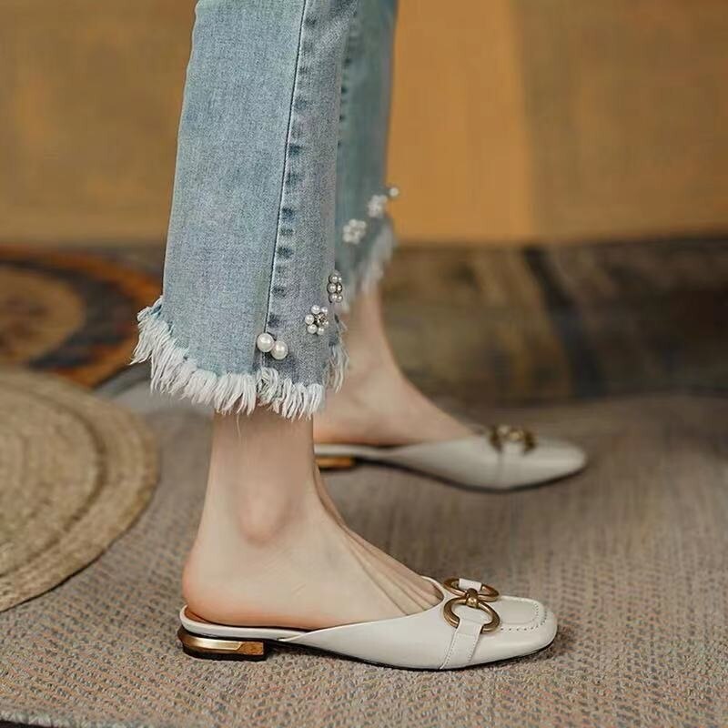 flowersverse French Retro Ladies Slippers Classic Summer New Flat-heeled Women's Sandals Comfortable Square Head Lazy Female Muller Shoes