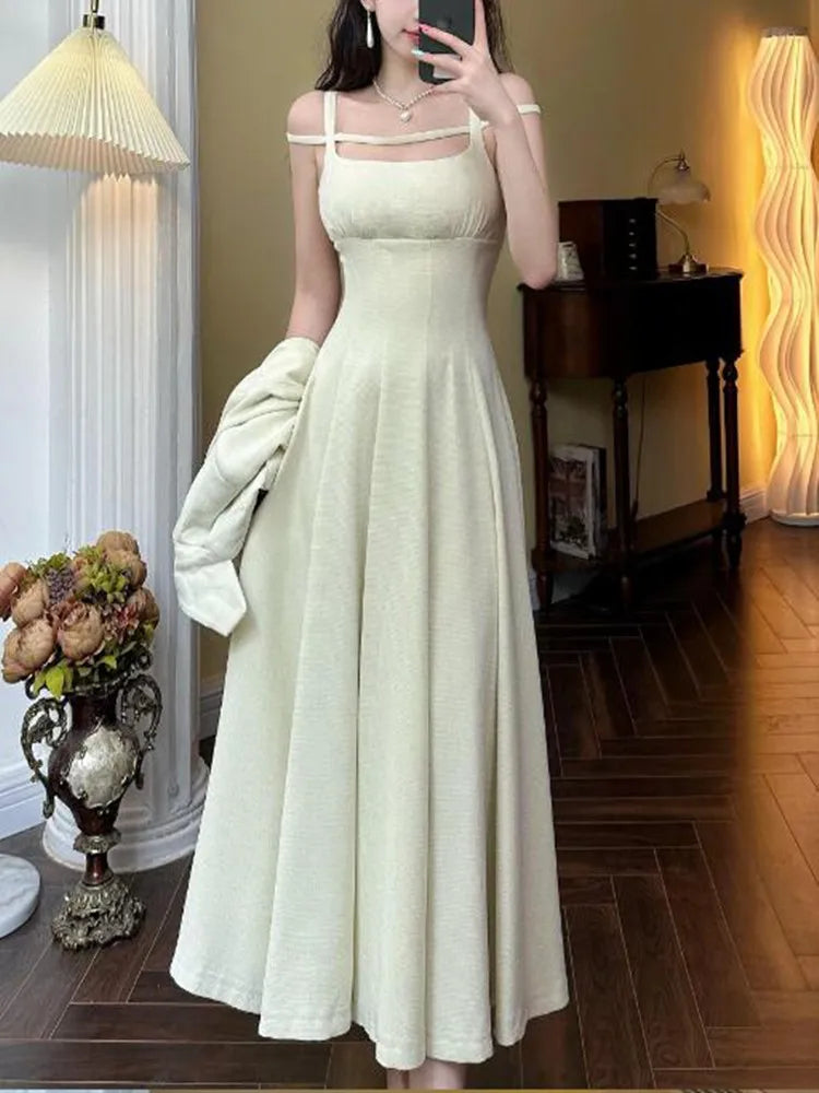 flowersverse Vintage College Style Cropped Blazer Two Piece Dress Sets Women's Short Jacket Coat +Strapless Sling Slim Mid Dress Suits Female