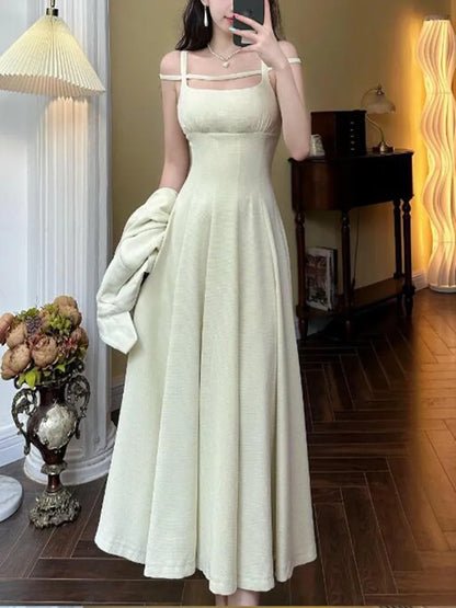 flowersverse Vintage College Style Cropped Blazer Two Piece Dress Sets Women's Short Jacket Coat +Strapless Sling Slim Mid Dress Suits Female