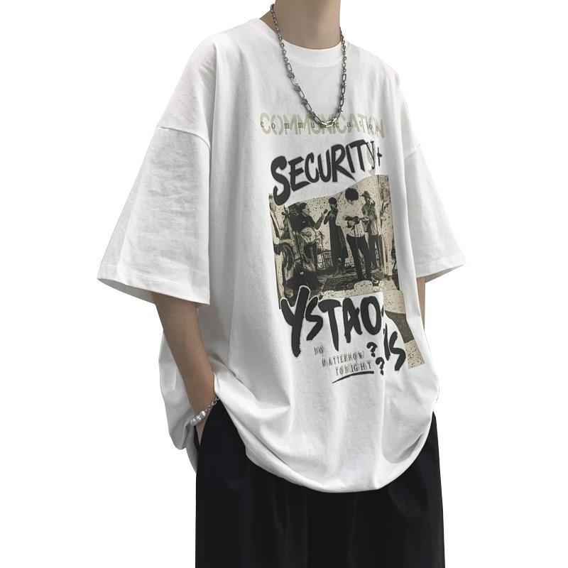 flowersverse Summer Men's Clothing Short Sleeve Loose Trend Fashion Printed Round Neck Casual Hong Kong Breeze Handsome Simplicity T-shirt