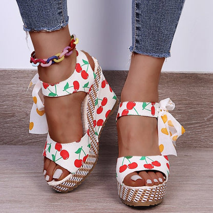 Christmas Gift Women Sandals Dot Bowknot Design Platform Wedge Female Casual High Increas Shoes Ladies Fashion Ankle Strap Open Toe Sandals