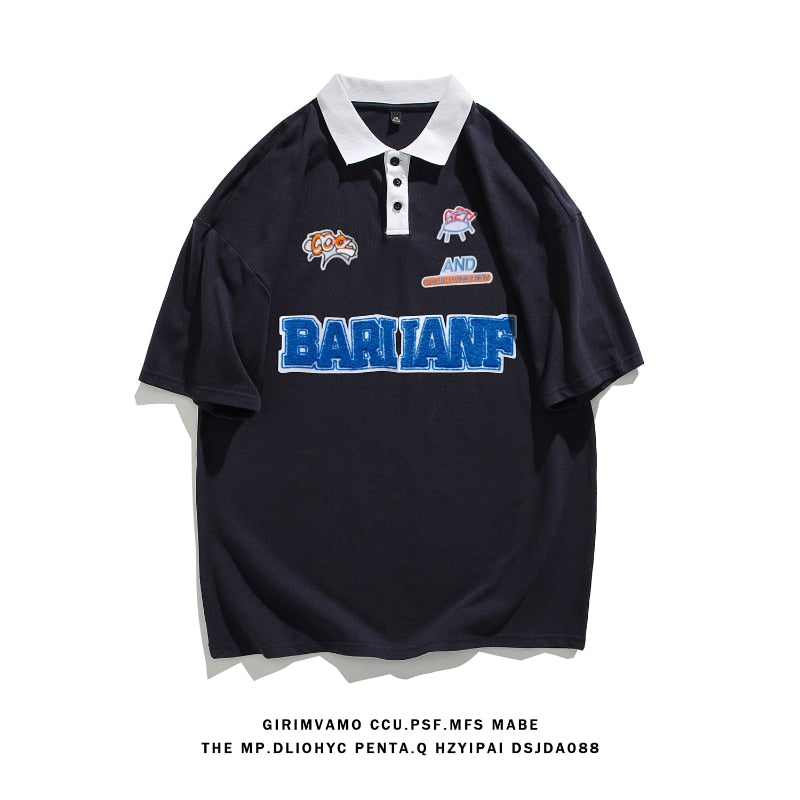 flowersverse American College Style T-shirts Plus Size Mens Short Sleeve Turn-down Collar Tops  Hip Hop Streetwear Male Loose Tee Shirts