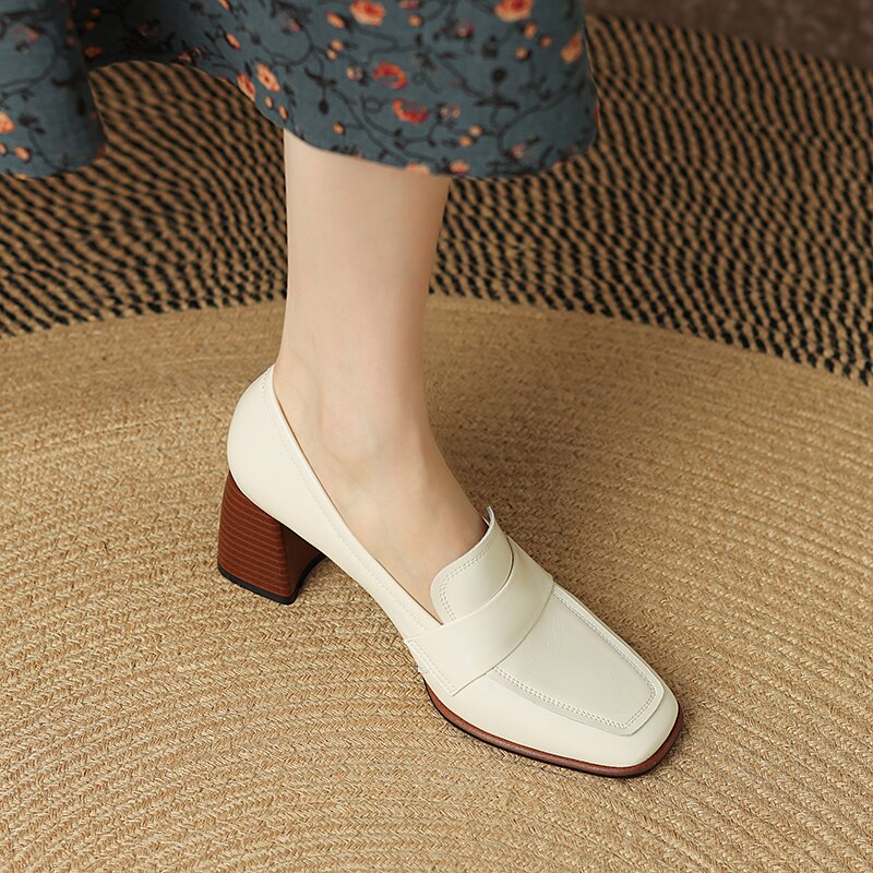 flowersverse  Spring New GENUINE LEATHER Women Shoes LEISURE Women Slip-On Shallow Pumps Square Toe Heels Shoes Women Zapatos De Mujer