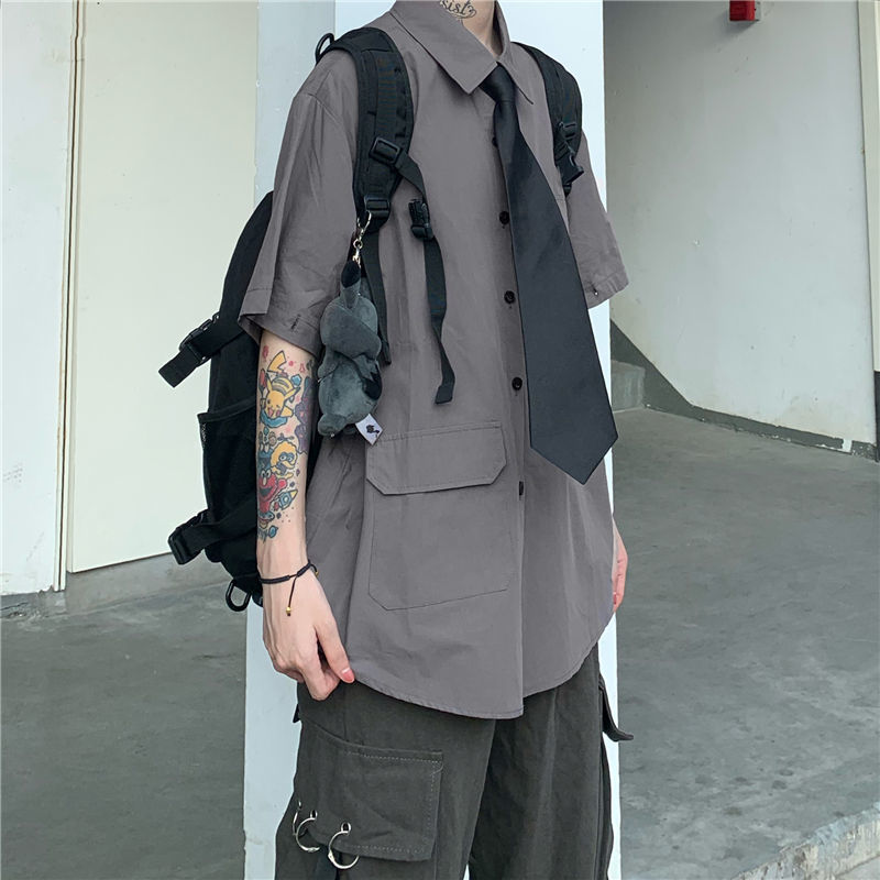 flowersverse Gray Shirts Women Harajuku Detachable Sleeve Oversized Bf Gothic Blouse with Tie Vintage Streetwear Punk Autumn Shirt