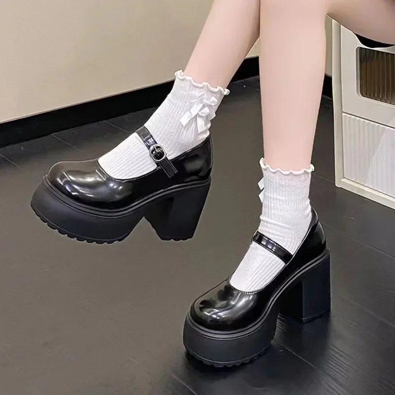 2024 Women's Shoes Mary Janes Women's High Heel Platform Dress Pump Women Buckle Strap Round Toe Shallow Chunky Heel Shoes Women