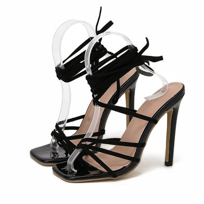 flowersverse New Women's Sandals Summer Stiletto   Cross Strap Sandals Fashion Square Toe Simple Large Size Stiletto High Heels