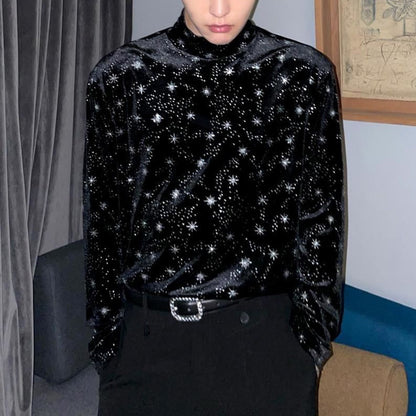 flowersverse Men Casual T Shirt Printed Velour Turtleneck Streetwear Long Sleeve Undershirts Cozy Leisure Men Clothing EU XS-XL