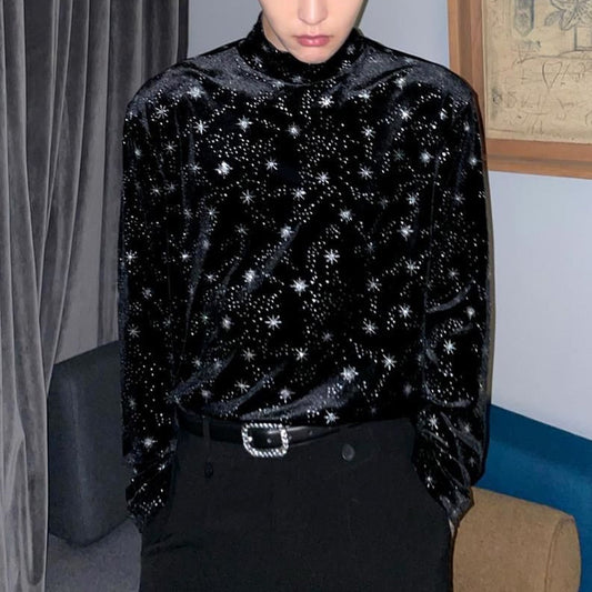 flowersverse Men Casual T Shirt Printed Velour Turtleneck Streetwear Long Sleeve Undershirts Cozy Leisure Men Clothing EU XS-XL