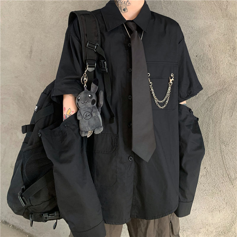 flowersverse Gray Shirts Women Harajuku Detachable Sleeve Oversized Bf Gothic Blouse with Tie Vintage Streetwear Punk Autumn Shirt