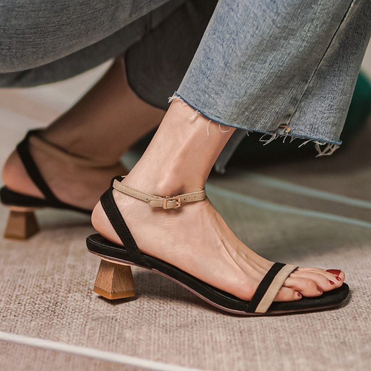 flowersverse New Fashion Women's Shoes Casual Buckle Strap Shoes Women's Sandals Thick Heel Ankle Strap Narrow Strap Summer Sandals