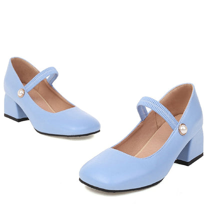 flowersverse - Elegant Medium Heels Women Pumps Mary Jane Shoes New Spring White Blue Green Heeled Wedding Office Shoes Female Large Size