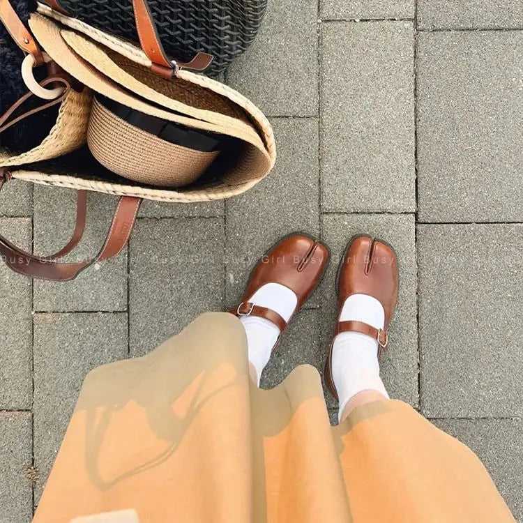 Flats Spilt Toe Shoes Black Leather Loafer Brown Size 40 Fashion Buckle Mary Janes Flat Ninja Shoe Women