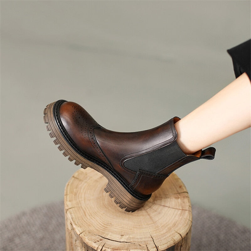 flowersverse New Autumn Winter Round Toe Boots Women Chunky Heel Split Leather Shoes For Women Short Boots Bullock Ankle Boots Platform Heels