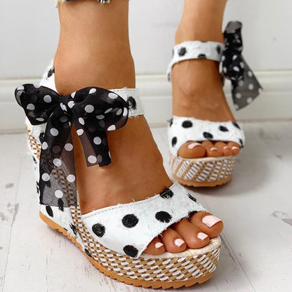 Christmas Gift Women Sandals Dot Bowknot Design Platform Wedge Female Casual High Increas Shoes Ladies Fashion Ankle Strap Open Toe Sandals