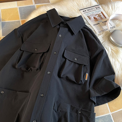 flowersverse Men's Multi-Pocket Workwear Short Sleeve Shirt - Perfect for Casual and Work Occasions