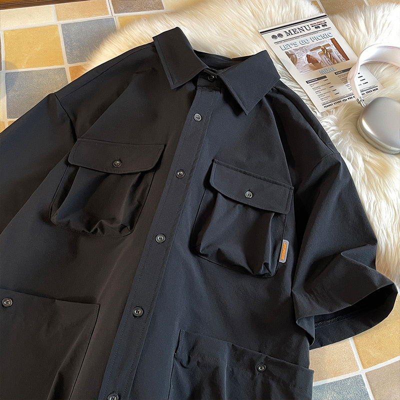 flowersverse Men's Multi-Pocket Workwear Short Sleeve Shirt - Perfect for Casual and Work Occasions