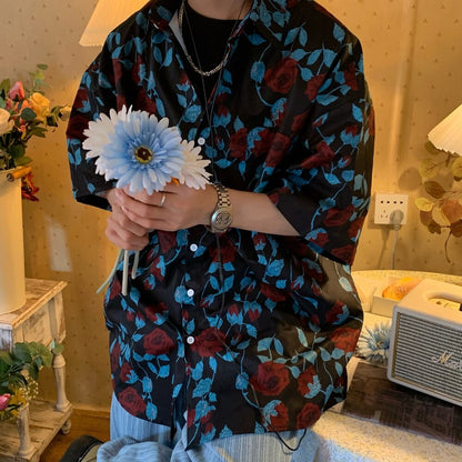 flowersverse Rose full print vintage shirt shirt women men summer rich young master short sleeve button up shirt Korean streetwear summer ins