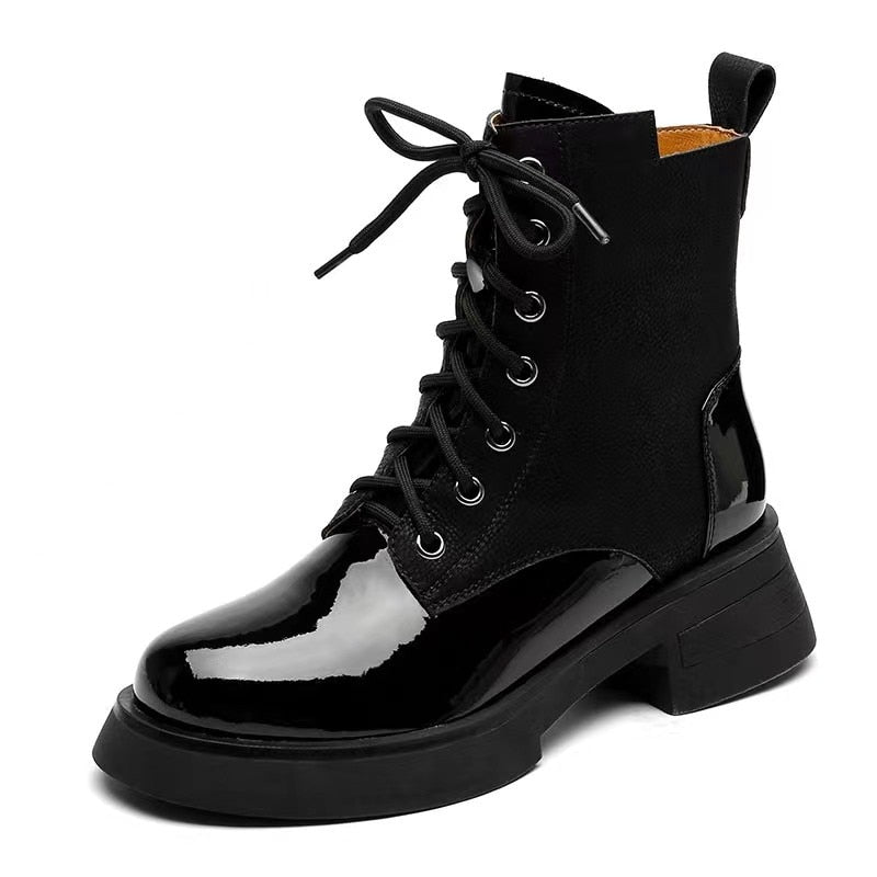 Graduation Gift Stitching Bright Women's Short Boots Winter Autumn Chunky Heel New Lace-Up Round Toe Handsome Motorcycle Fashion Solid Boots