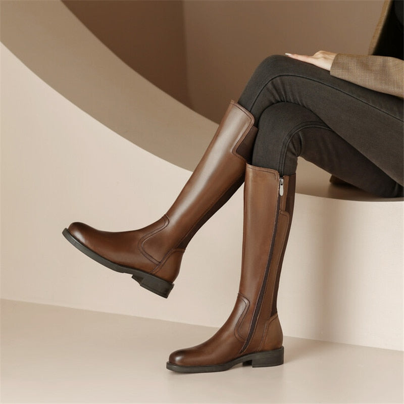 flowersverse  New Autumn/Winter Women's Boots Round Toe Chunky Heel Knight Boots Shoe For Women Cow Leather Vintage Boots Knee-High Boots